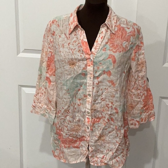 Chico's 100% Linen Floral Button-Down Shirt Beachy Coral Mint Blue Size Large/2 - Picture 1 of 9